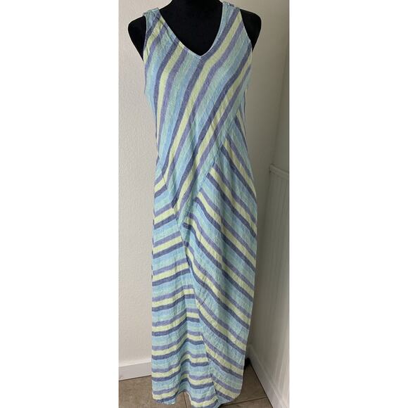 J JILL LOVE LINEN Dress Blue Green Striped Maxi Sundress Asymmetrical Sz M Tall - Picture 5 of 8